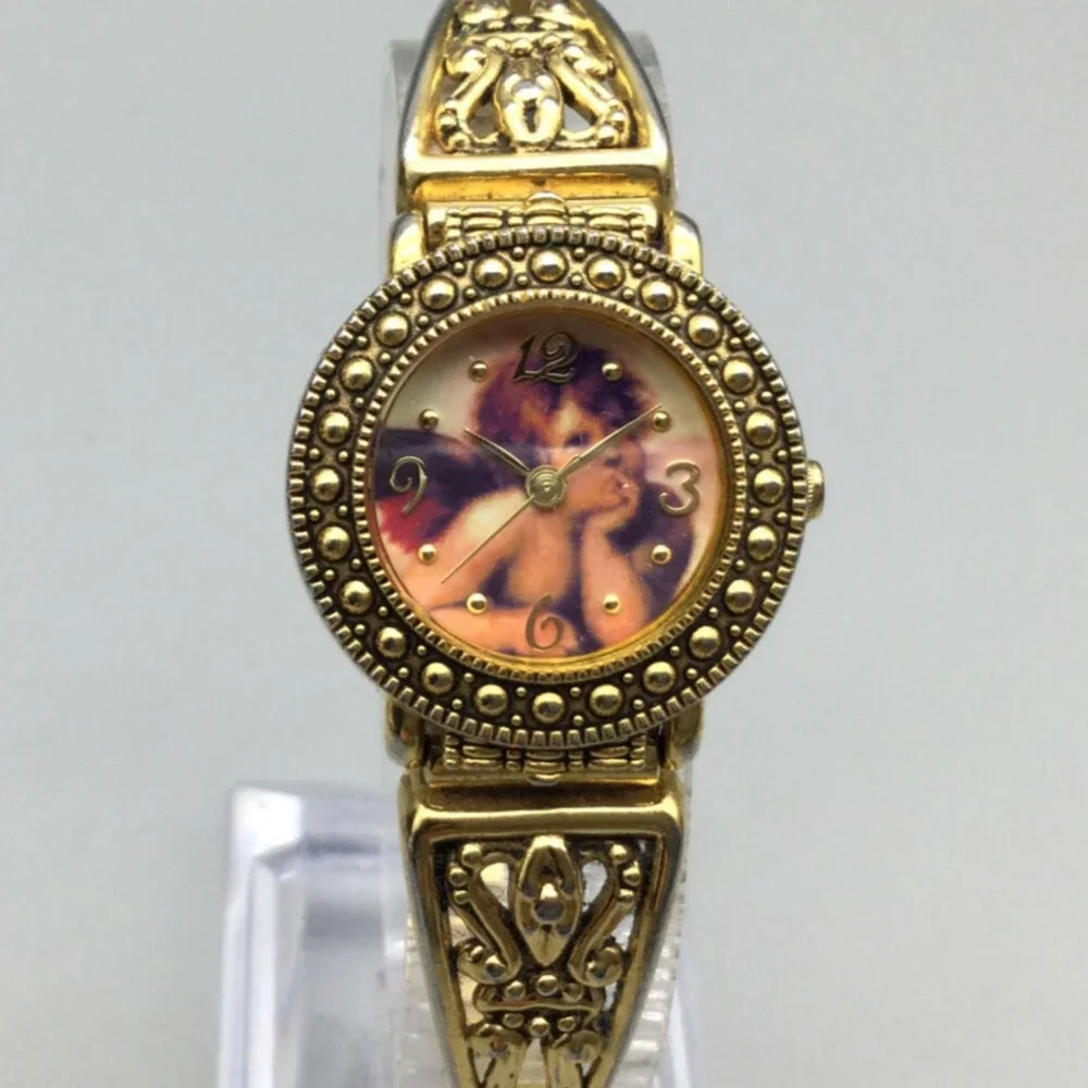 SII Cherub Angel Watch Women 26mm Gold Tone Stretch Bracelet New Battery